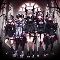 A chilling and captivating illustration featuring anime girls in unique and eerie outfits that embody a horror or gore aesthetic