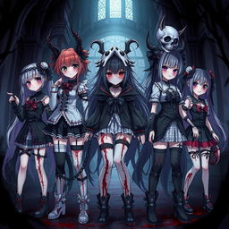 A chilling and captivating illustration featuring anime girls in unique and eerie outfits that embody a horror or gore aesthetic