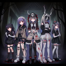 A chilling and captivating illustration featuring anime girls in unique and eerie outfits that embody a horror or gore aesthetic