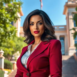 A beautiful female governor with a confident and alluring presence, showcasing her curvy figure