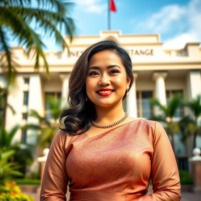 A beautiful Indonesian female governor with an enchanting and confident demeanor, emphasizing her curvy figure