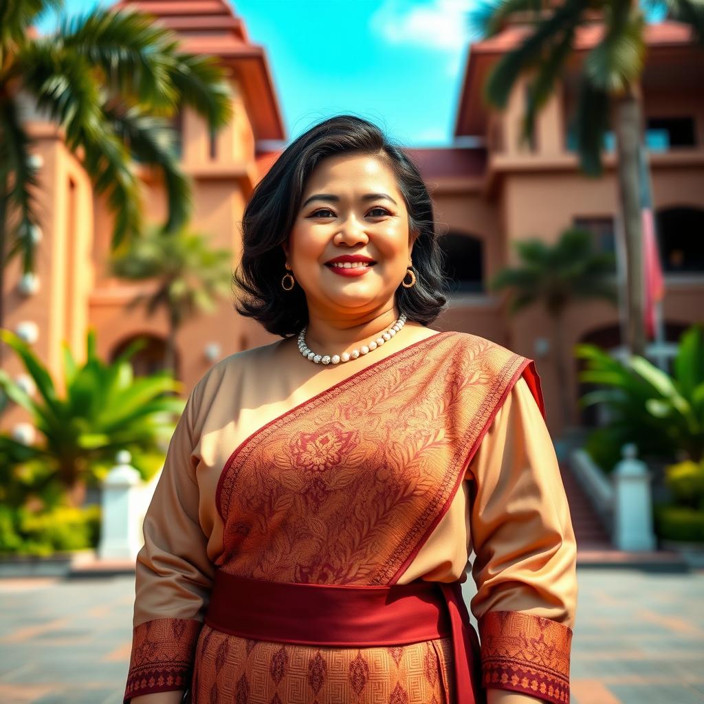 A beautiful Indonesian female governor with an enchanting and confident demeanor, emphasizing her curvy figure