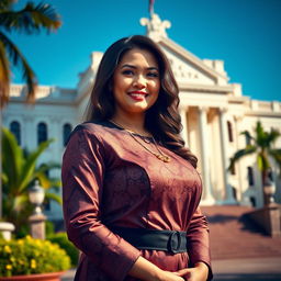 A beautiful Indonesian female governor with an enchanting and confident demeanor, emphasizing her curvy figure