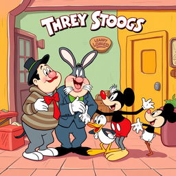 A vintage comedy scene featuring the iconic Three Stooges trio engaging in classic slapstick humor