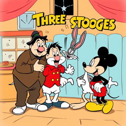 A vintage comedy scene featuring the iconic Three Stooges trio engaging in classic slapstick humor
