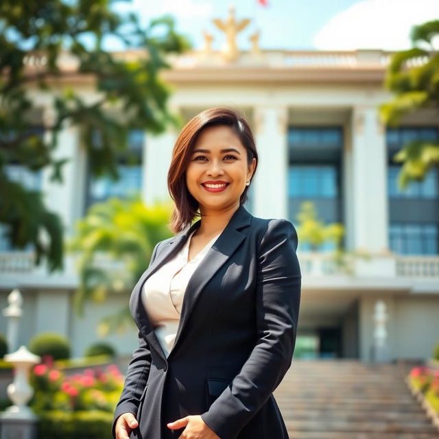 A stunning 35-year-old Indonesian female governor exuding confidence and charm