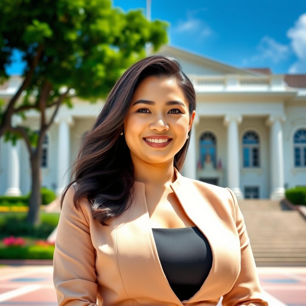 A stunning 35-year-old Indonesian female governor exuding confidence and charm