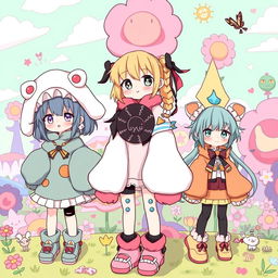 A whimsical illustration featuring a collection of weird yet adorably cute anime girls dressed in unconventional outfits