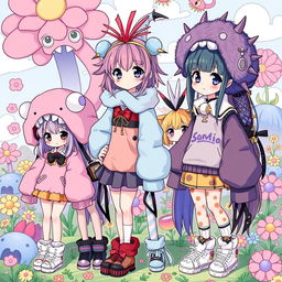 A whimsical illustration featuring a collection of weird yet adorably cute anime girls dressed in unconventional outfits