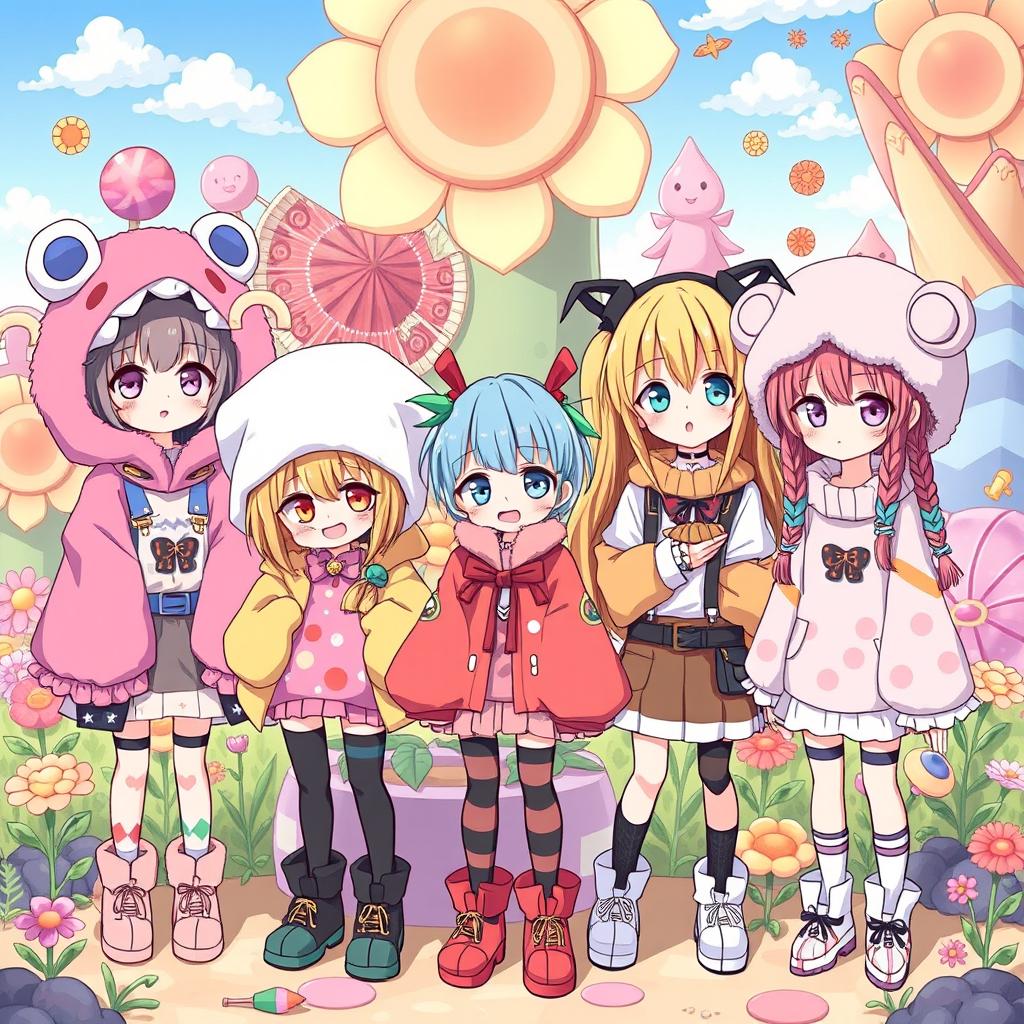 A whimsical illustration featuring a collection of weird yet adorably cute anime girls dressed in unconventional outfits