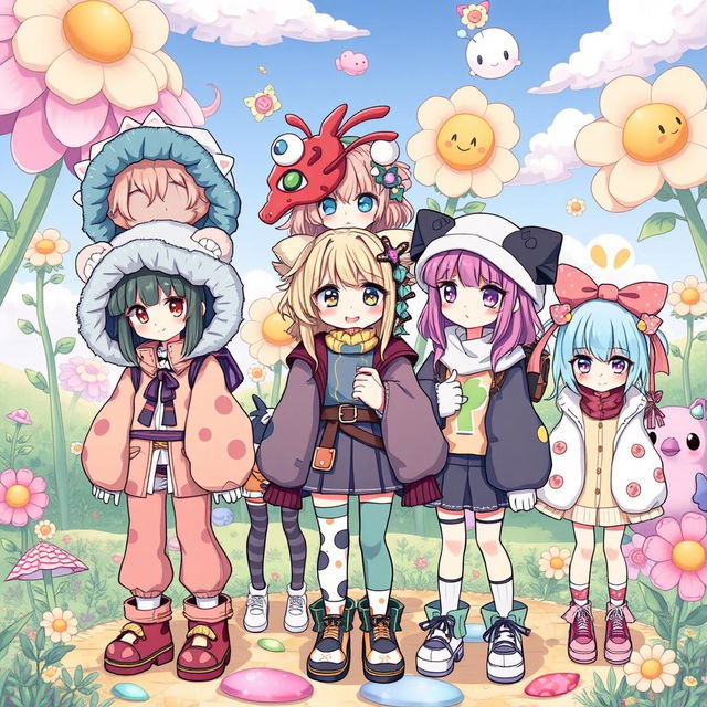 A whimsical illustration featuring a collection of weird yet adorably cute anime girls dressed in unconventional outfits