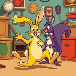 A vintage comedy scene featuring a yellow anthropomorphic rabbit and a purple cartoon squirrel in a classic slapstick style