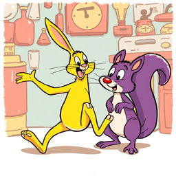 A vintage comedy scene featuring a yellow anthropomorphic rabbit and a purple cartoon squirrel in a classic slapstick style