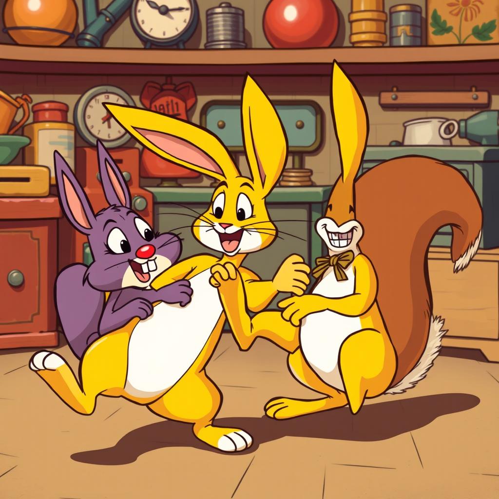 A vintage comedy scene featuring a yellow anthropomorphic rabbit and a purple cartoon squirrel in a classic slapstick style