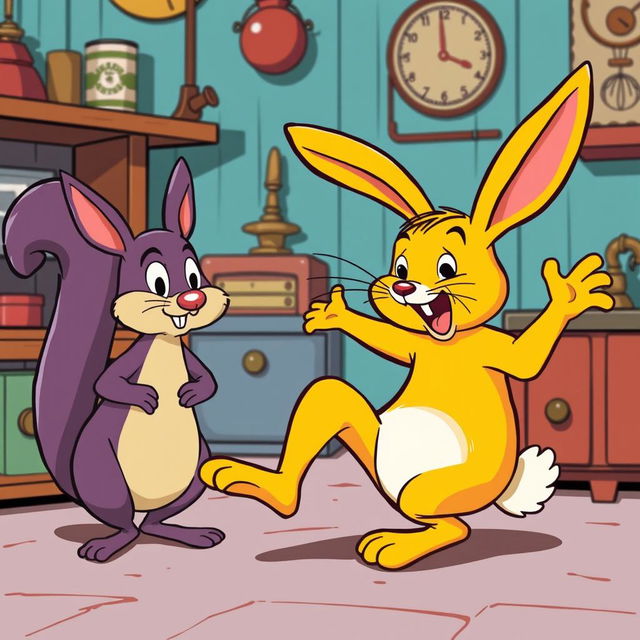 A vintage comedy scene featuring a yellow anthropomorphic rabbit and a purple cartoon squirrel in a classic slapstick style