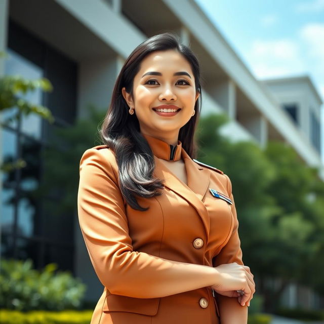 A beautiful 35-year-old Indonesian-Korean female governor, confidently wearing a stylish official uniform that showcases her figure