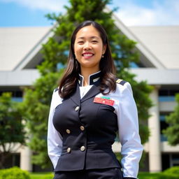 A beautiful 35-year-old Indonesian-Korean female governor, confidently wearing a stylish official uniform that showcases her figure