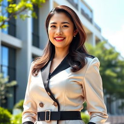 A beautiful 35-year-old Indonesian-Korean female governor, confidently wearing a stylish official uniform that showcases her figure