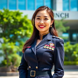 A beautiful 35-year-old Indonesian-Korean female governor, confidently wearing a stylish official uniform that showcases her figure