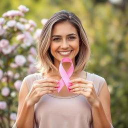 A beautiful woman with a warm smile, holding a pink ribbon symbolizing breast cancer awareness, standing in a serene outdoor setting