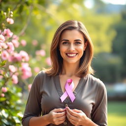 A beautiful woman with a warm smile, holding a pink ribbon symbolizing breast cancer awareness, standing in a serene outdoor setting