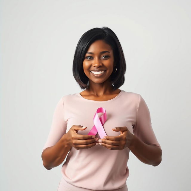 A strong and inspiring woman holding a pink ribbon symbolizing breast cancer awareness, set against a clean, white background