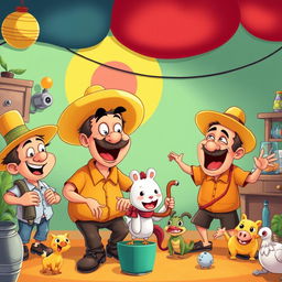 A vibrant and colorful scene depicting characters from a classic Brazilian comedy reminiscent of 'Os Trapalhões'