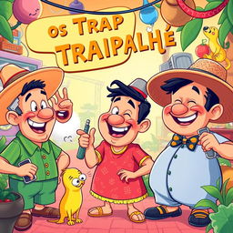 A vibrant and colorful scene depicting characters from a classic Brazilian comedy reminiscent of 'Os Trapalhões'
