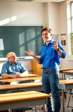 A student standing confidently in front of a classroom, engaging with the audience