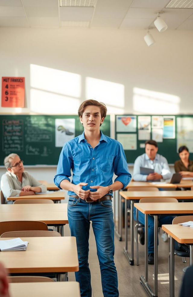 A student standing confidently in front of a classroom, engaging with the audience