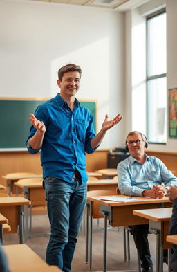 A student standing confidently in front of a classroom, engaging with the audience