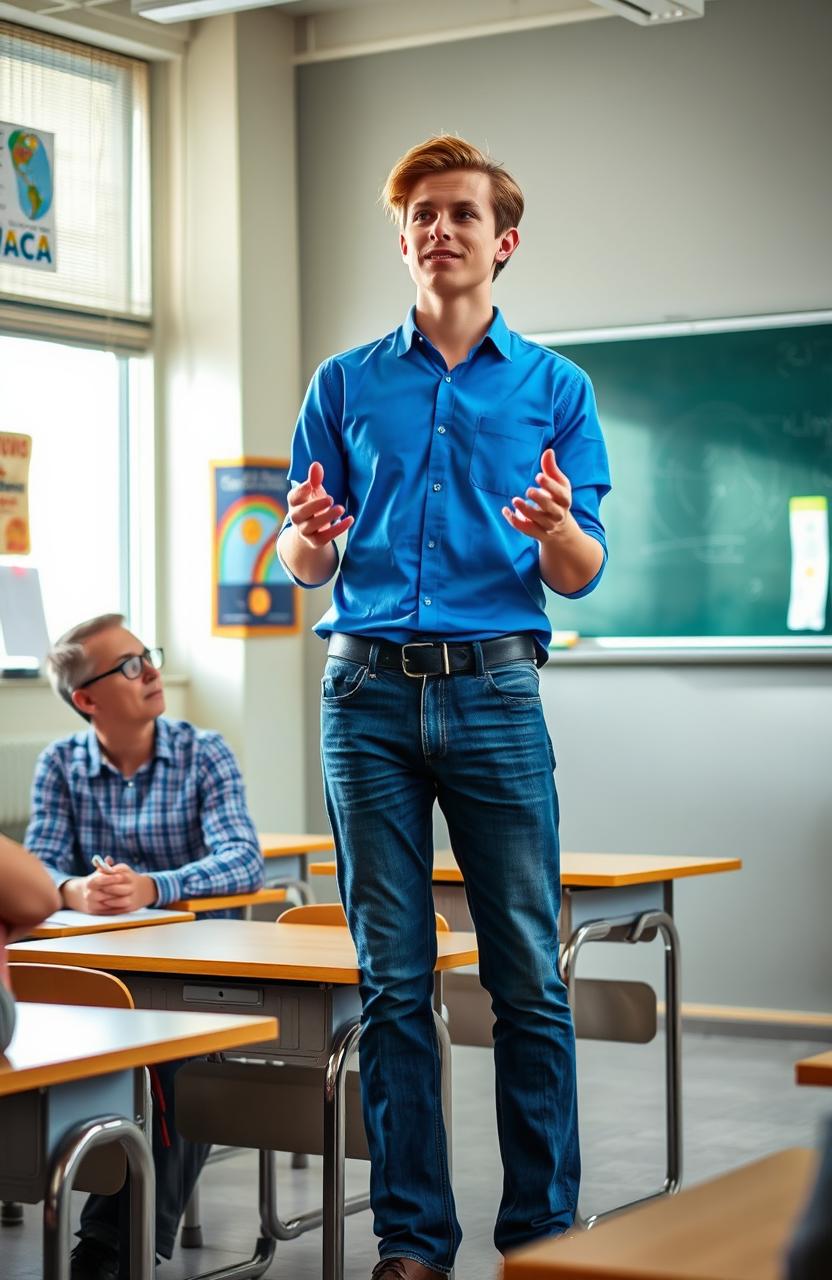 A student standing confidently in front of a classroom, engaging with the audience