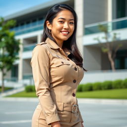 A beautiful 35-year-old Indonesian-Korean woman with a curvy figure, confidently wearing a stylish khaki civil servant uniform