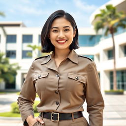 A beautiful 35-year-old Indonesian-Korean woman with a curvy figure, confidently wearing a stylish khaki civil servant uniform