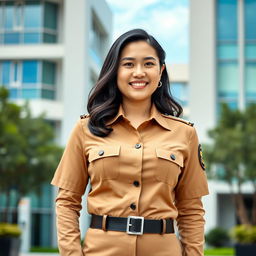 A beautiful 35-year-old Indonesian-Korean woman with a curvy figure, confidently wearing a stylish khaki civil servant uniform