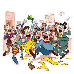 An illustration inspired by classic slapstick cartoon comedies, featuring humorous characters engaged in comical mishaps and over-the-top antics