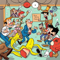 An illustration inspired by classic slapstick cartoon comedies, featuring humorous characters engaged in comical mishaps and over-the-top antics