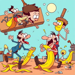 An illustration inspired by classic slapstick cartoon comedies, featuring humorous characters engaged in comical mishaps and over-the-top antics