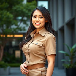 A beautiful 35-year-old Indonesian-Korean woman with a curvy figure, confidently wearing a form-fitting khaki civil servant uniform