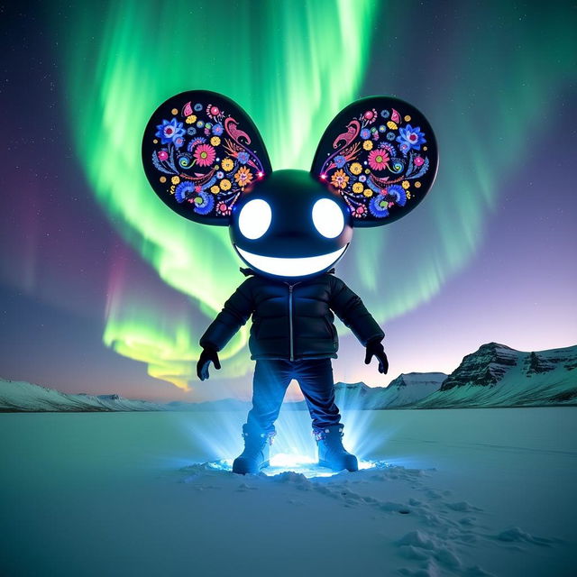 A surreal scene of Deadmau5, the iconic EDM artist, depicted as a larger-than-life figure ascending through a breathtaking display of northern lights