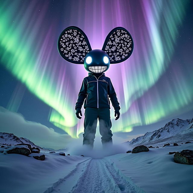 A surreal scene of Deadmau5, the iconic EDM artist, depicted as an enormous figure, towering above the landscape while ascending through a breathtaking display of northern lights