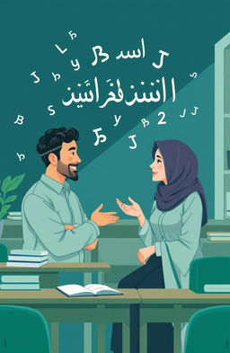 An illustration of two people engaged in a conversation or discussion, surrounded by floating Arabic letters (hijaiyah) in the background, set in a classroom or learning environment