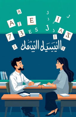An illustration of two people engaged in a conversation or discussion, surrounded by floating Arabic letters (hijaiyah) in the background, set in a classroom or learning environment