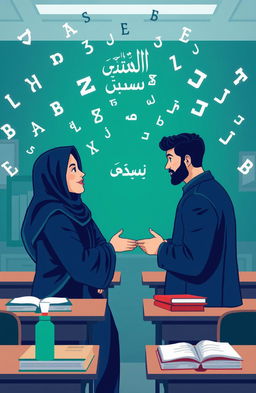An illustration of two people engaged in a conversation or discussion, surrounded by floating Arabic letters (hijaiyah) in the background, set in a classroom or learning environment