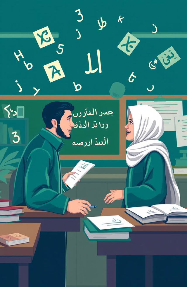 An illustration of two people engaged in a conversation or discussion, surrounded by floating Arabic letters (hijaiyah) in the background, set in a classroom or learning environment