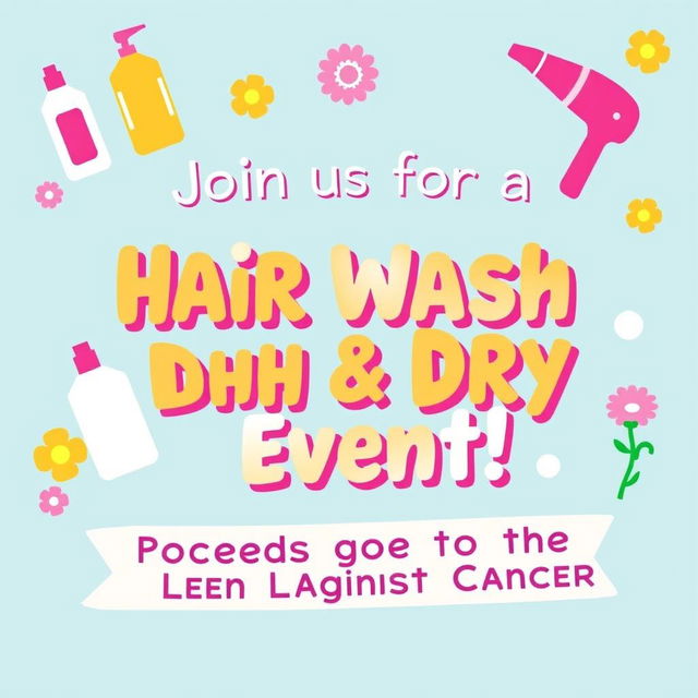 A vibrant and eye-catching poster promoting a hair washing and drying event in support of the League Against Cancer