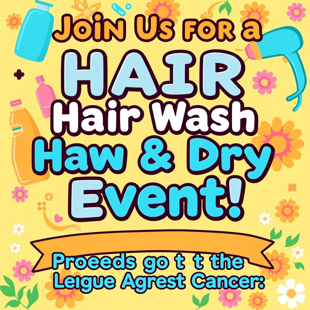 A vibrant and eye-catching poster promoting a hair washing and drying event in support of the League Against Cancer