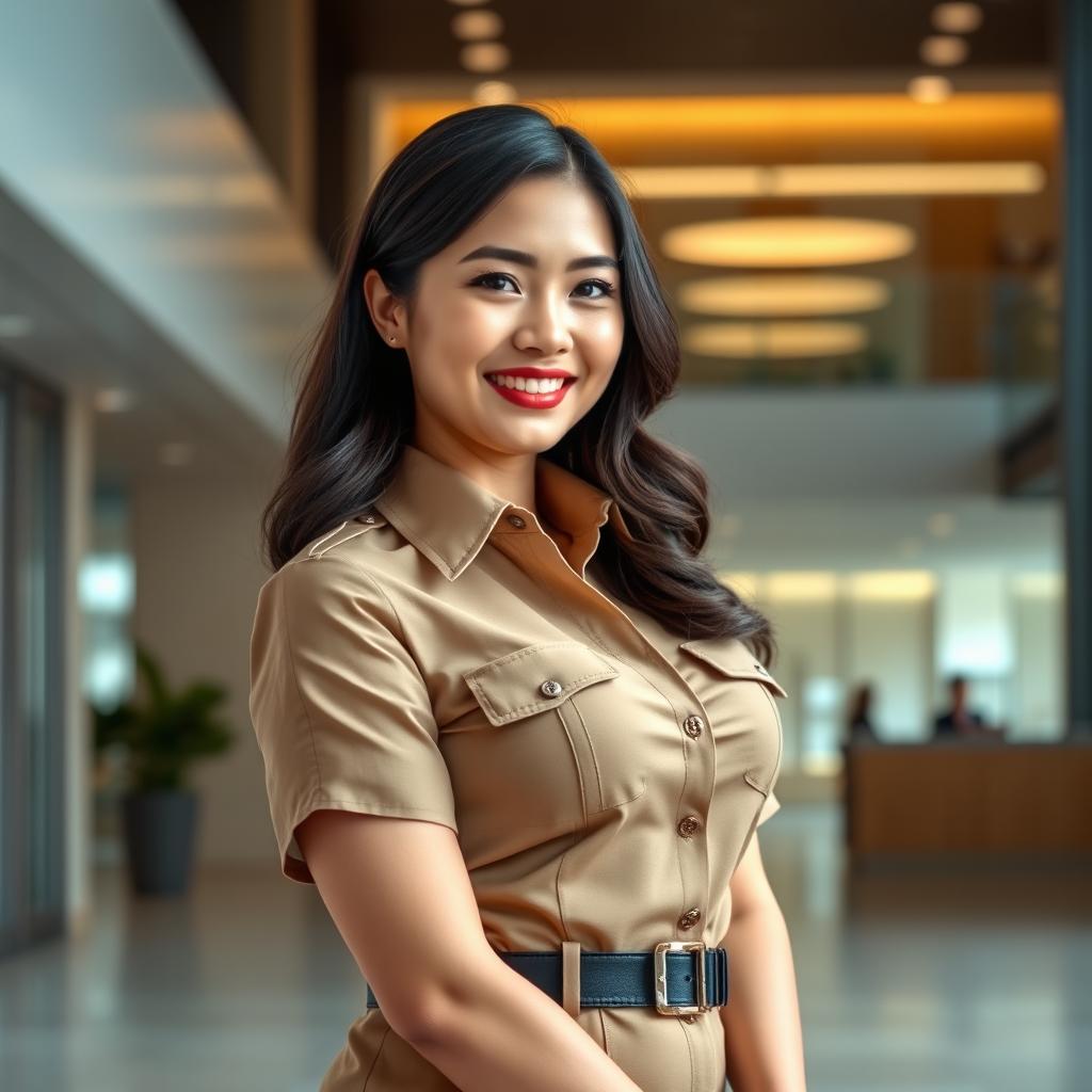 A beautiful 35-year-old Indonesian-Chinese woman with a voluptuous figure, wearing a stylish khaki civil servant uniform that is tastefully fitted to accentuate her features