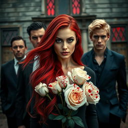 A beautiful woman with long, flowing red hair and bright eyes stands at the center