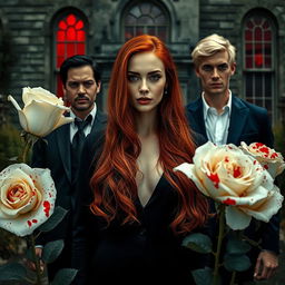 A beautiful woman with long, flowing red hair and bright eyes stands at the center